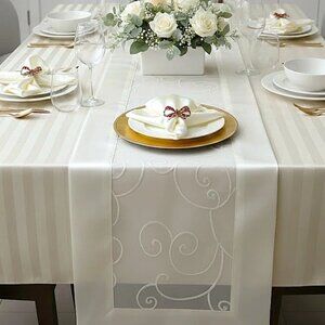 Ivory Tablecloth, 8 Napkins and Runner, Polyester Damask